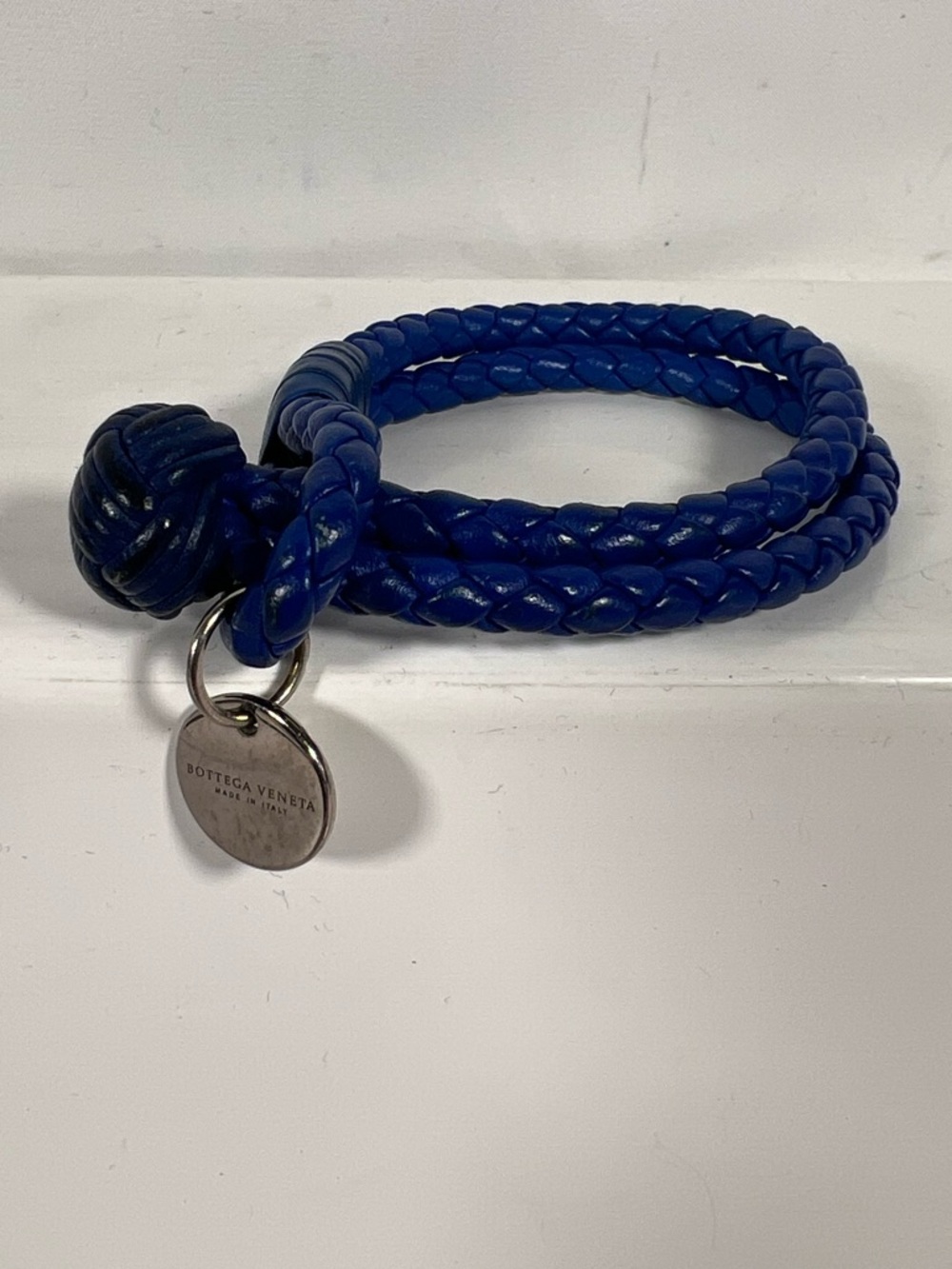 Bottega Veneta Intrecciato Knot Leather Bracelet Blue